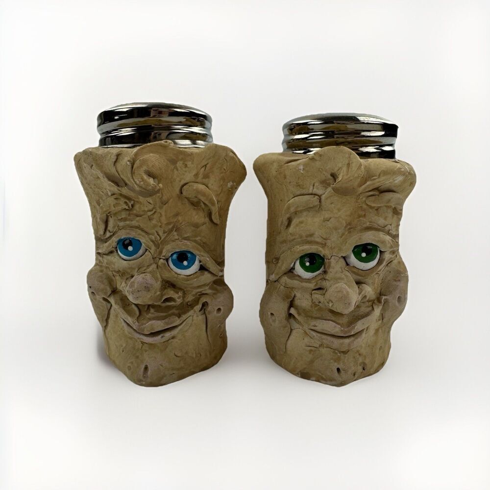 Whimsical Tree Face Salt & Pepper Shakers Set Sculpted Folk Art